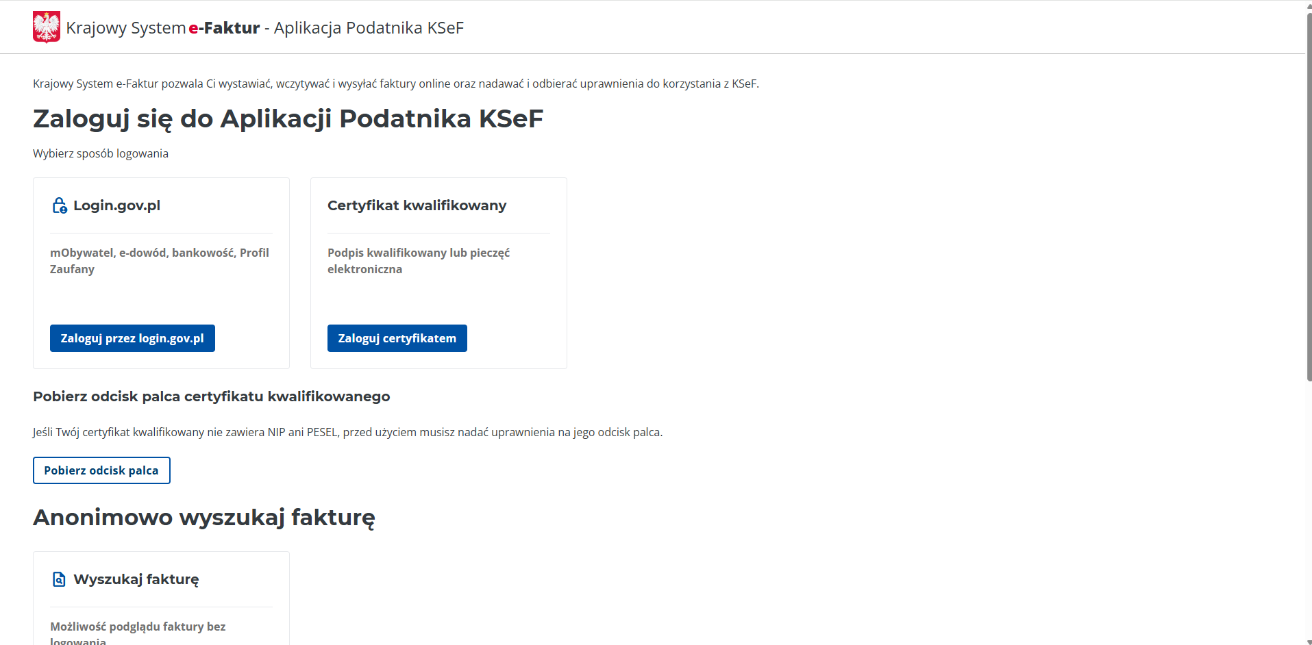 Strona logowania Aplikacji Podatnika KSeF