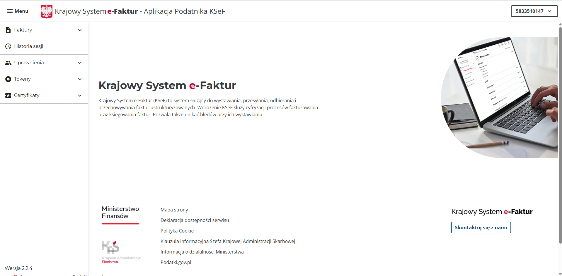Pulpit KSeF z bocznym menu zawierającym Tokeny