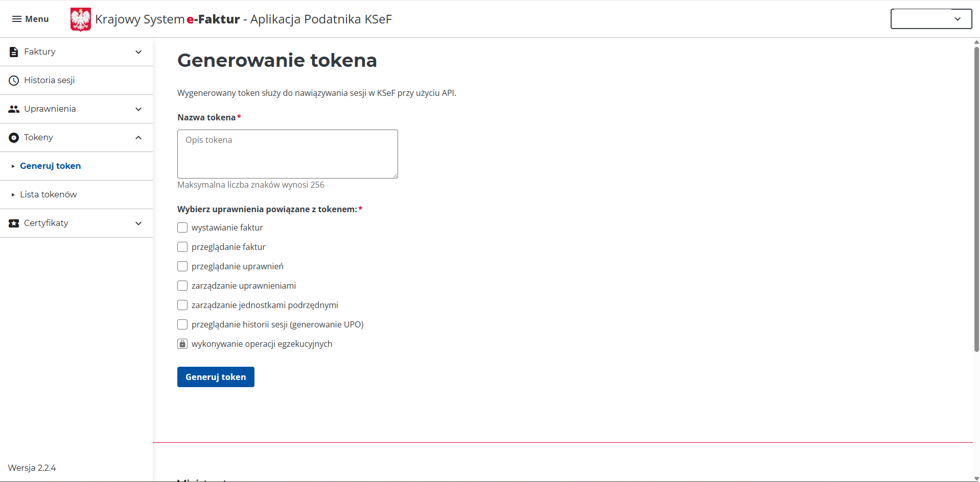 Formularz generowania tokenu z polem nazwy i checkboxami uprawnień