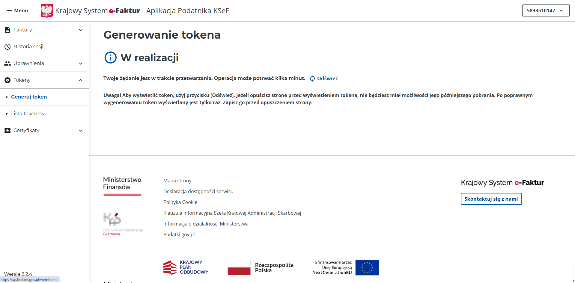 Ekran trwającego generowania tokenu