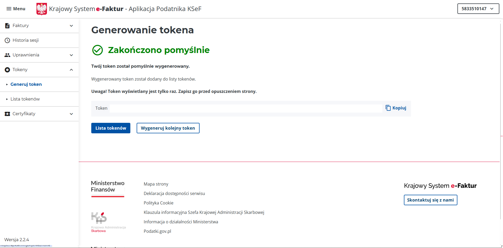 Wygenerowany token z przyciskiem Kopiuj